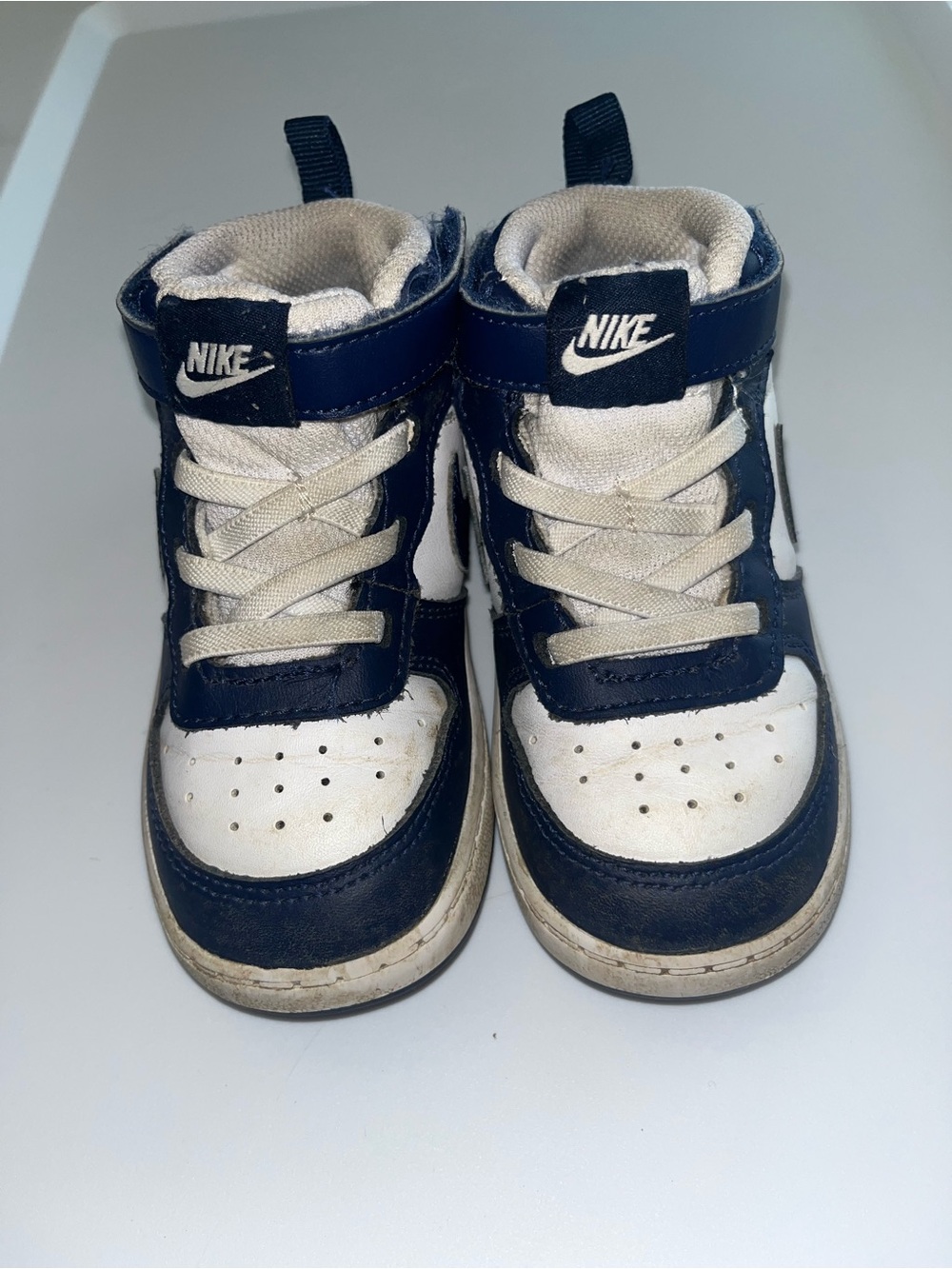 Nike Kids Navy and White High-Top Sneakers with Hook-and-Loop Strap